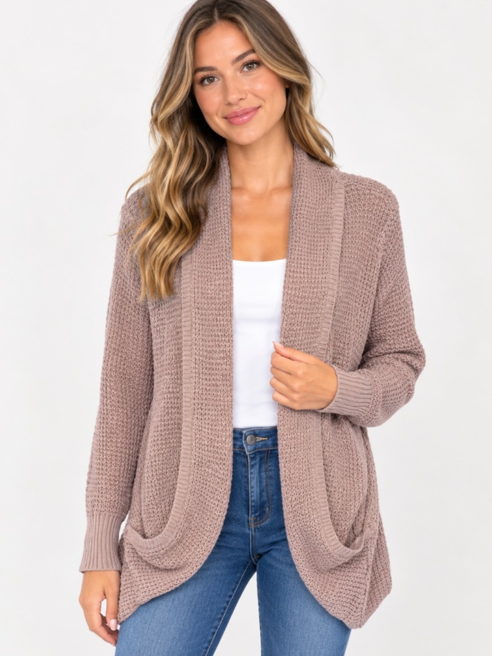 Market & Spruce Mauve Open Front Knit Cardigan Sweater Size L